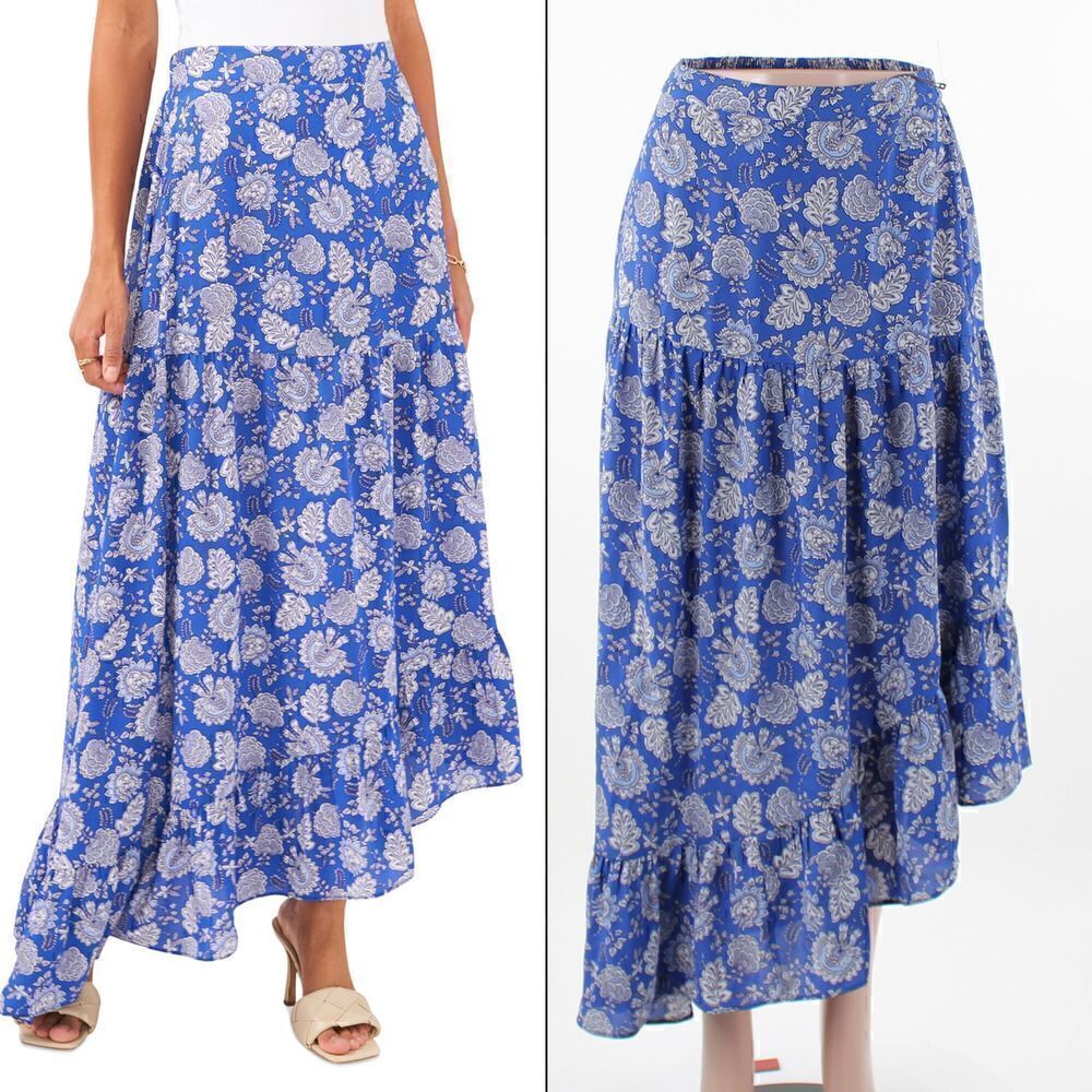 Vince Camuto Floral Asymmetric Hem Maxi Skirt in Deep Blue